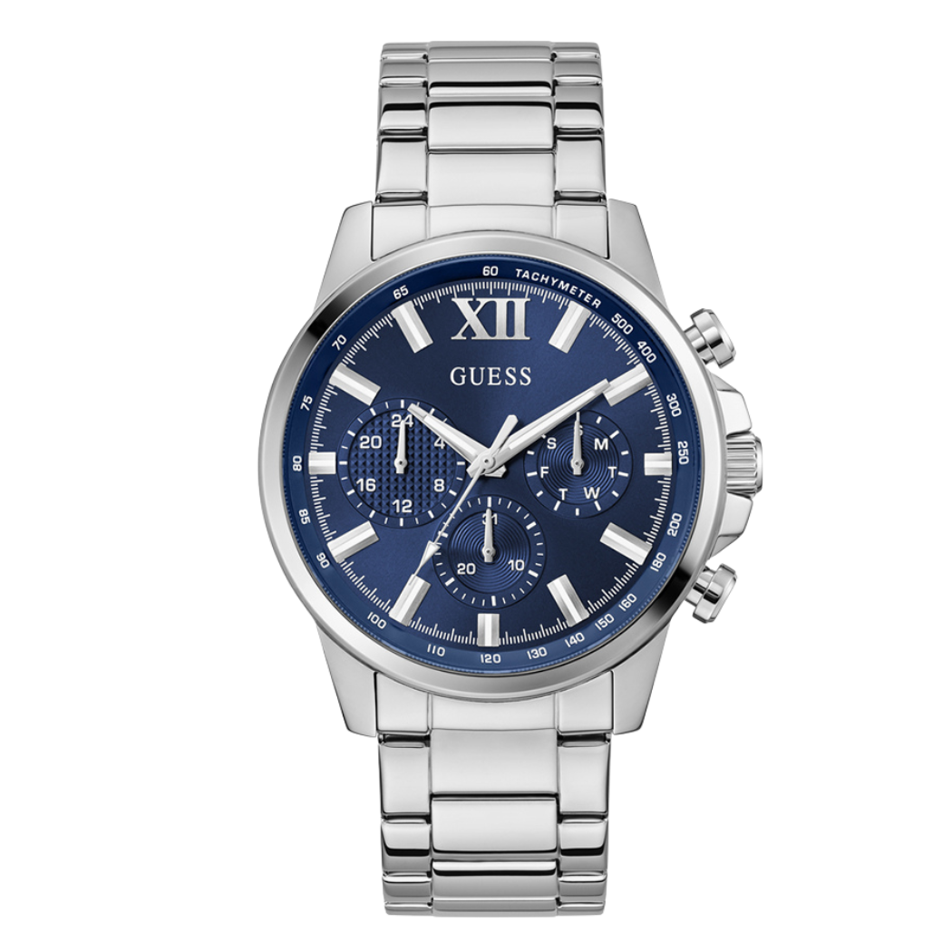 ساعة Guess كرونوغراف كوارتز فضية اللون من الفولاذ المقاوم للصدأ، مينا أزرق، للرجال - GW0900G4