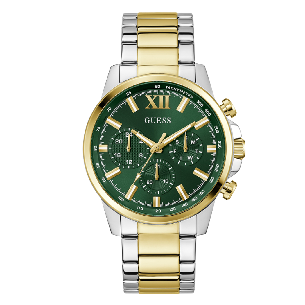 ساعة Guess كرونوغراف كوارتز ثنائية اللون من الفولاذ المقاوم للصدأ، مينا أخضر، للرجال - GW0900G5