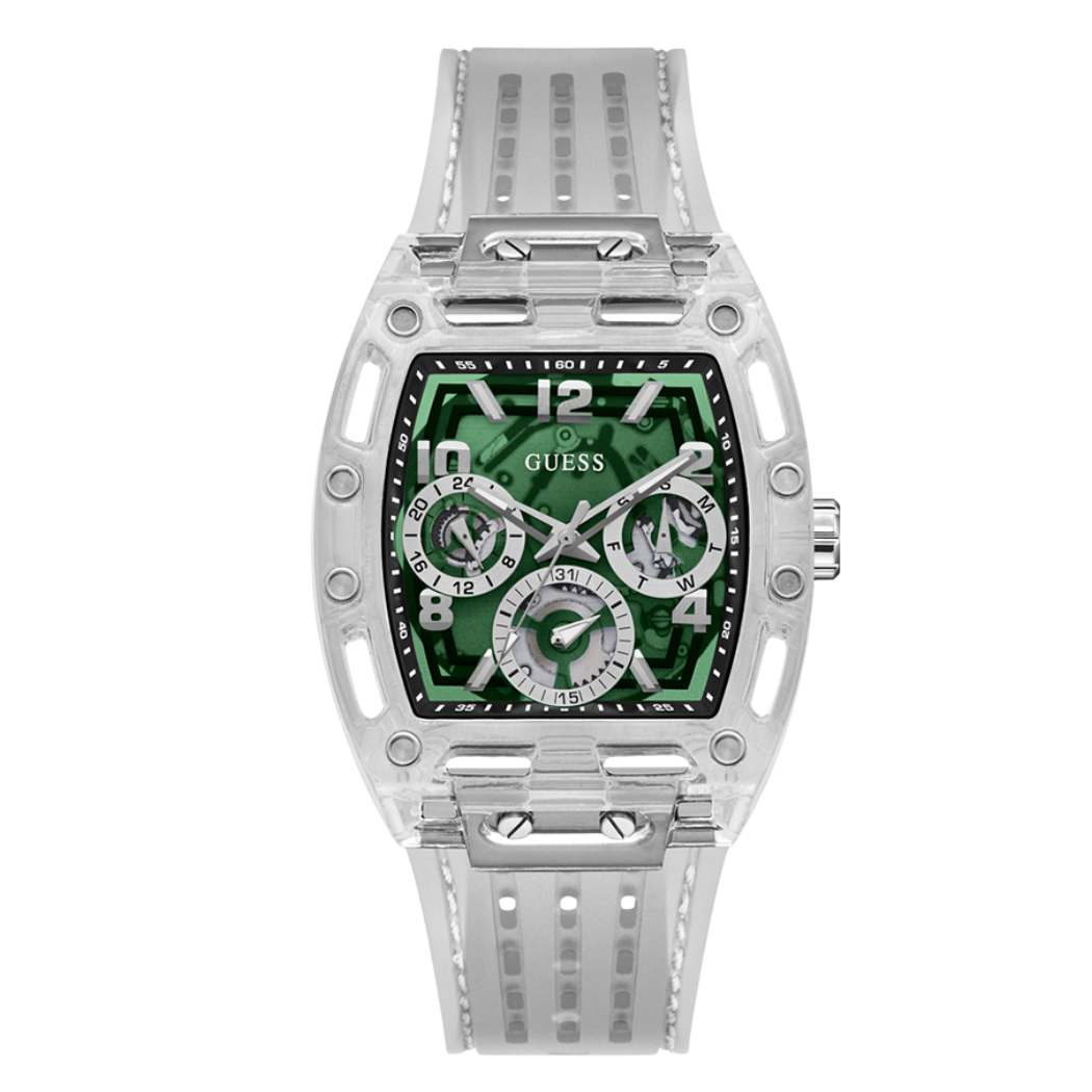 ساعة Guess كوارتز بسوار سيليكون شفاف ومينا أخضر للرجال - GW0499G8