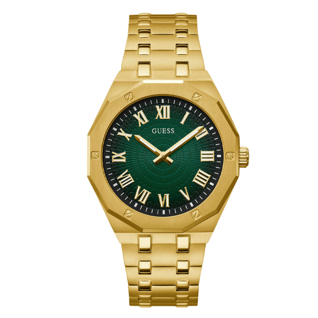 ساعة Guess ذهبية اللون من الفولاذ المقاوم للصدأ، مينا أخضر، كوارتز للرجال - GW0575G2