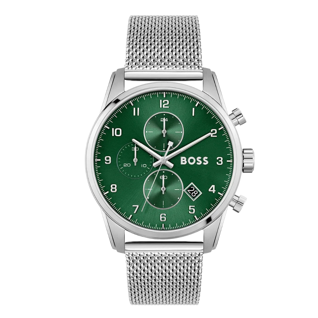 Hugo Boss Skymaster Silver Mesh Bracelet Green Dial Chronograph Quartz Watch for Gents - 1513938