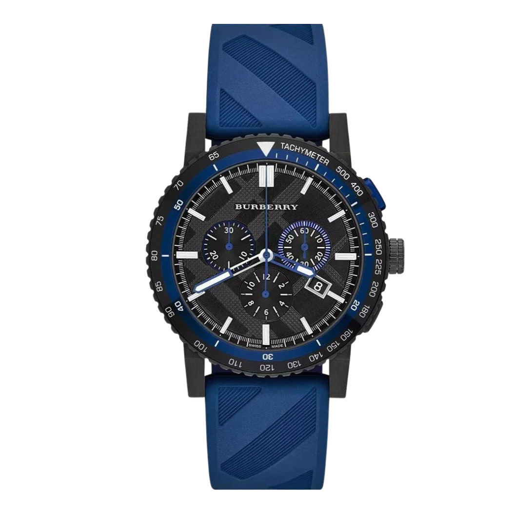 Burberry Blue Silicone Strap Black Dial Chronograph Quartz Watch for Gents - BU9807