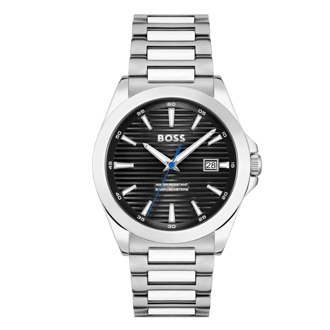 Hugo Boss Silver Stainless Steel Black Dial Quartz Watch for Gents - Hugo Boss 1514170