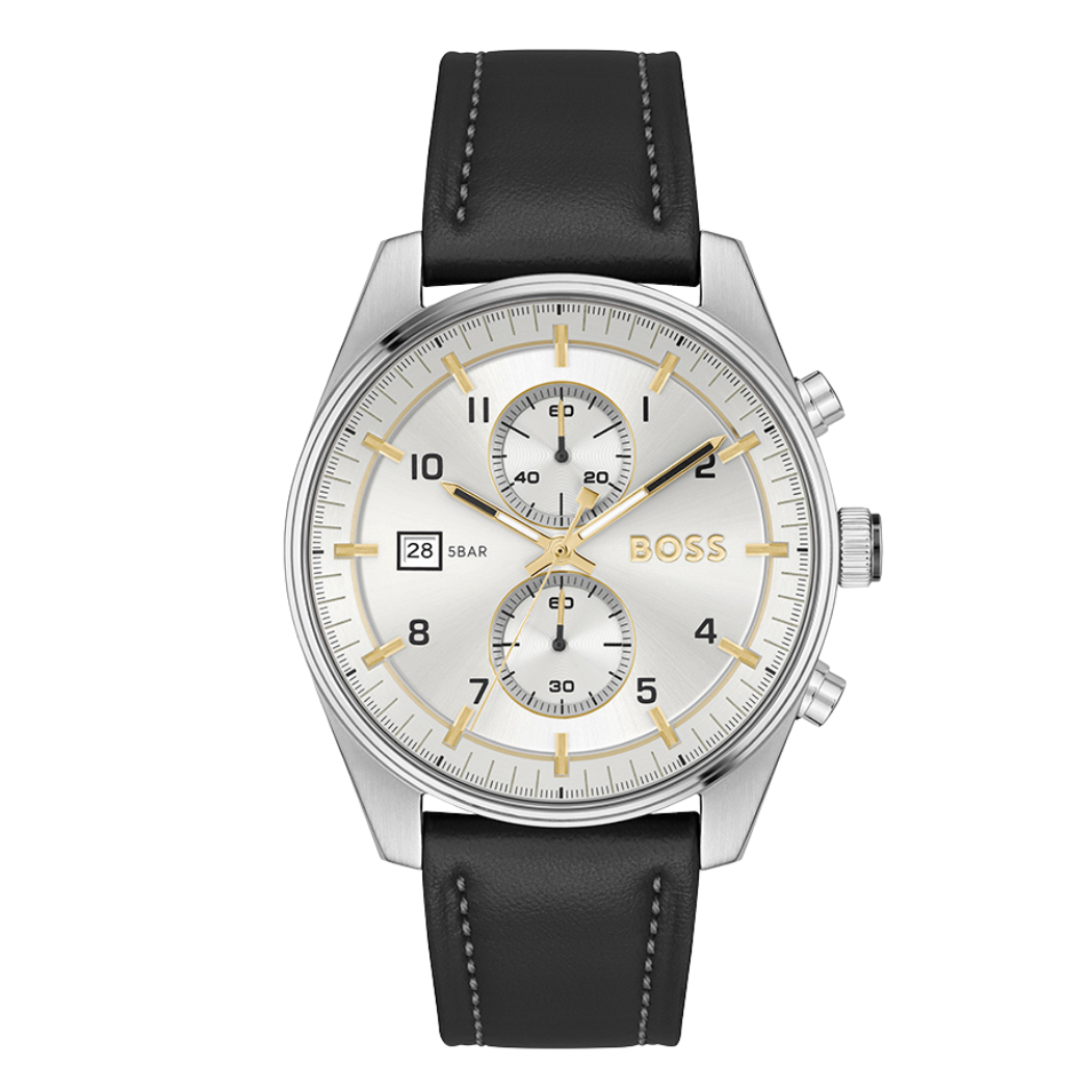 Hugo Boss Black Leather Strap Silver Dial Chronograph Quartz Watch for Gents - Hugo Boss 1514147