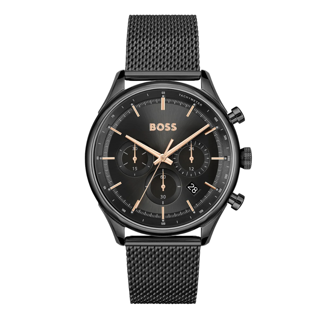 Hugo Boss Black Mesh Bracelet Black Dial Chronograph Quartz Watch for Gents - Hugo Boss 1514065