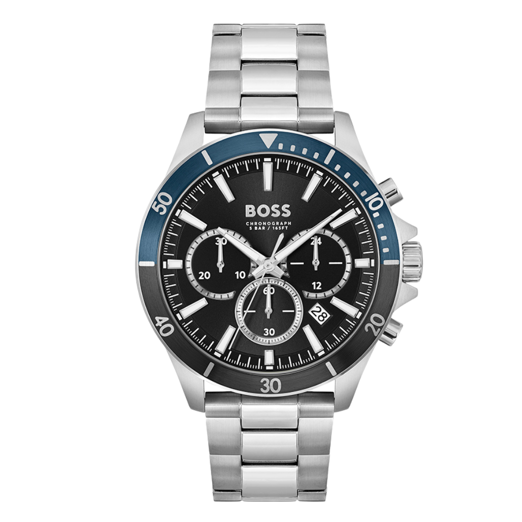 Hugo Boss Silver Stainless Steel Black Dial Chronograph Quartz Watch for Gents - Hugo Boss 1514101