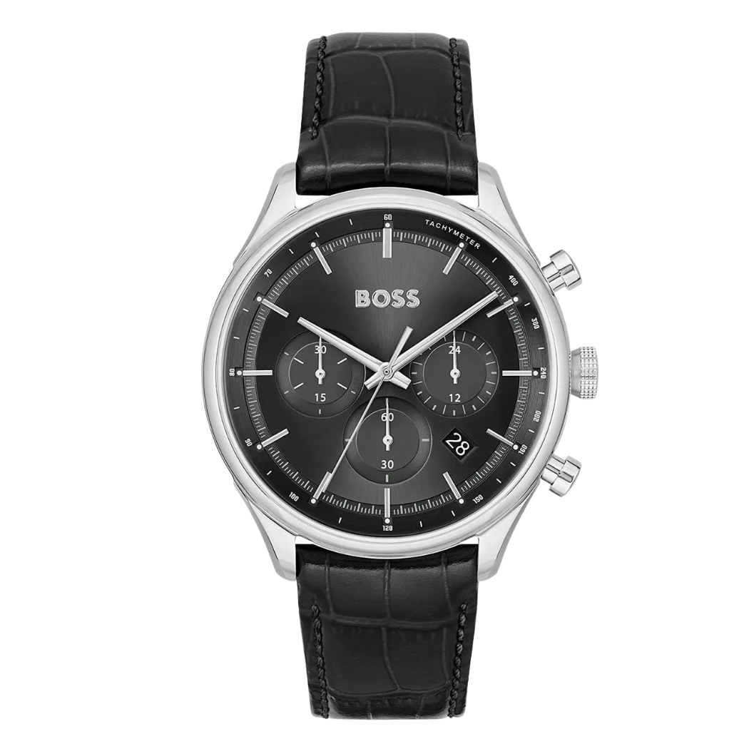 Hugo Boss Black Leather Strap Black Dial Chronograph Quartz Watch for Gents - Hugo Boss 1514049