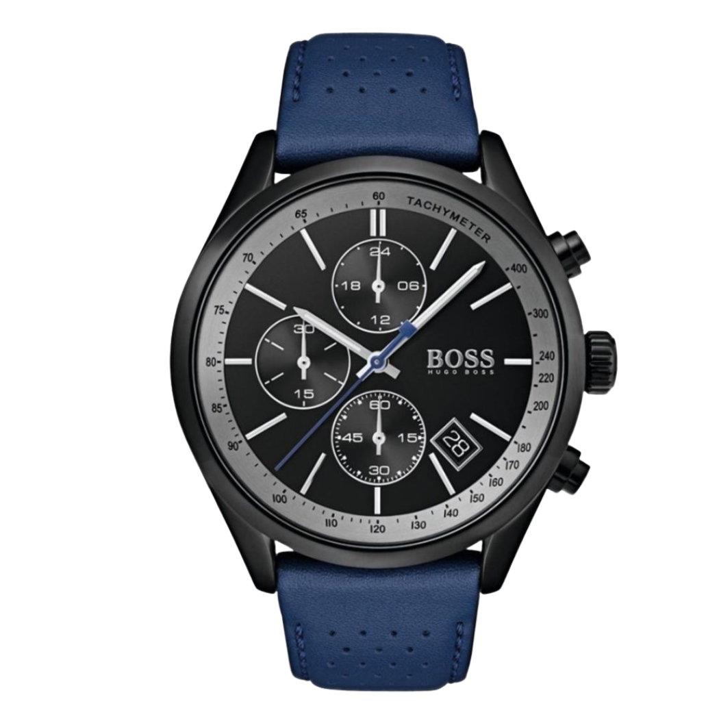 Hugo Boss Blue Leather Strap Black Dial Chronograph Quartz Watch for Gents - Hugo Boss 1513563