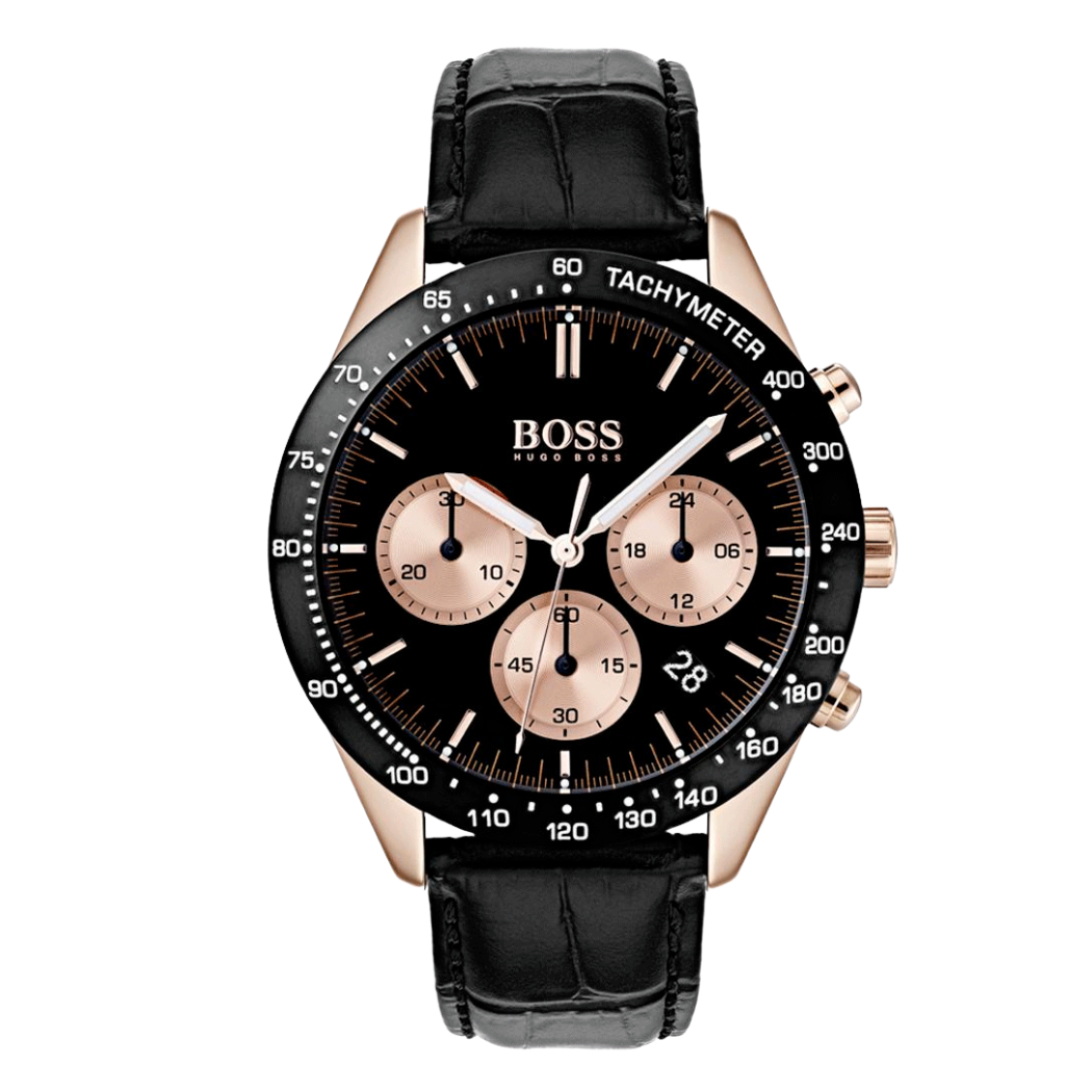 Hugo Boss Black Leather Strap Black Dial Chronograph Quartz Watch for Gents - Hugo Boss 1513580