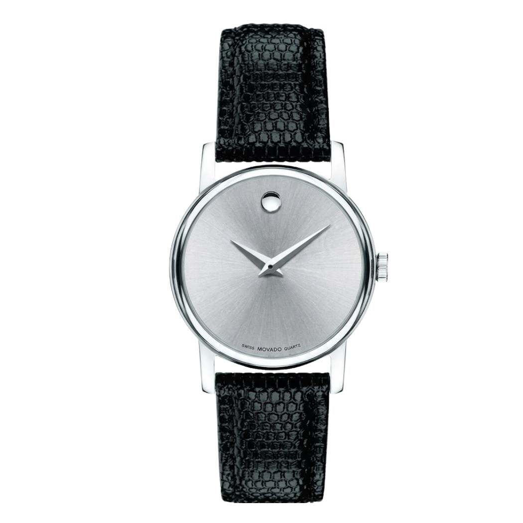 Movado Black Leather Strap Silver Dial Quartz Watch for Ladies - Movado 2100003
