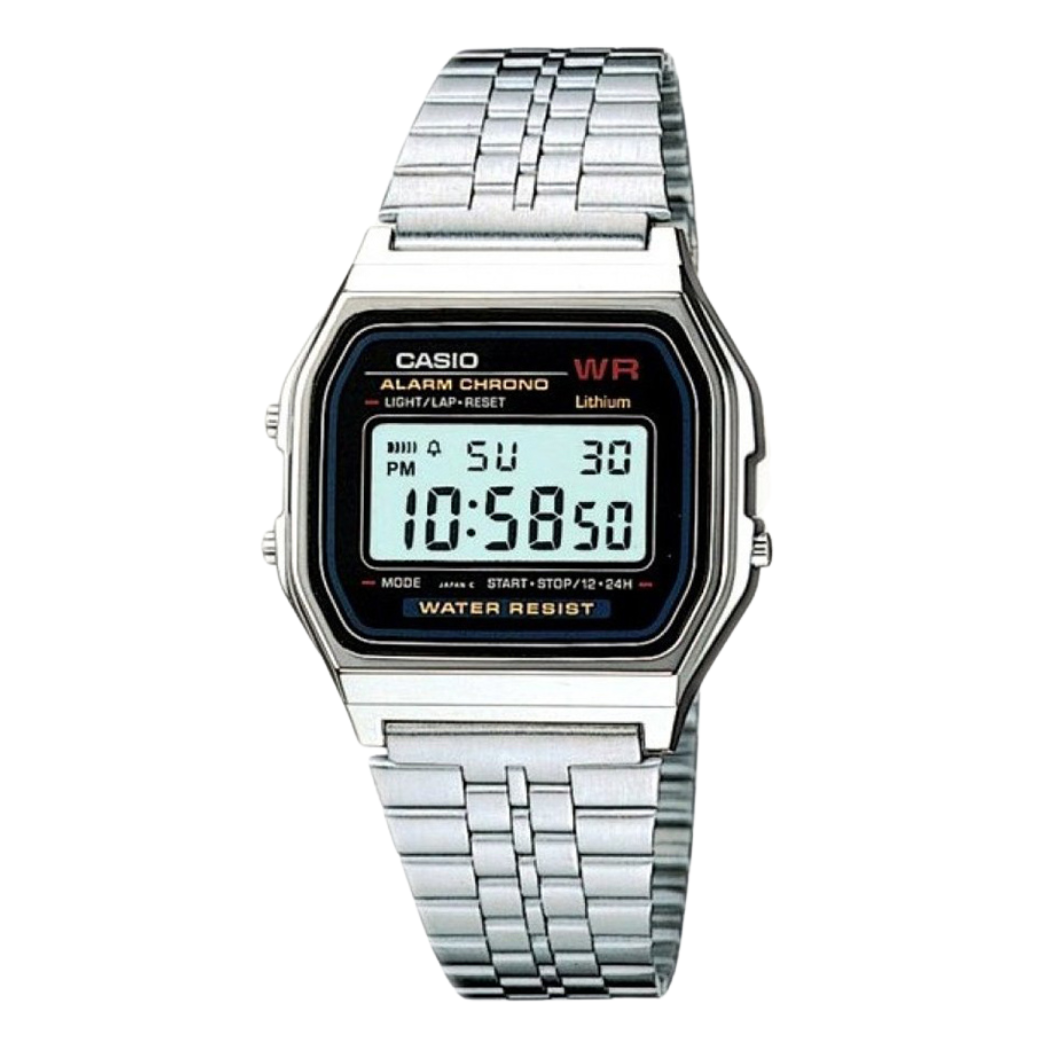ساعة كاسيو فضية اللون من الفولاذ المقاوم للصدأ، مينا أسود، كوارتز، للنساء - CASIO A-A159W-N1DF