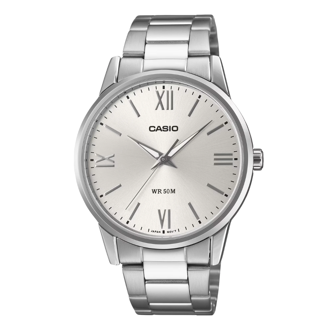 ساعة كاسيو فضية اللون من الفولاذ المقاوم للصدأ، مينا فضي، كوارتز، للرجال - CASIO MTP-1303DD-7AVDF