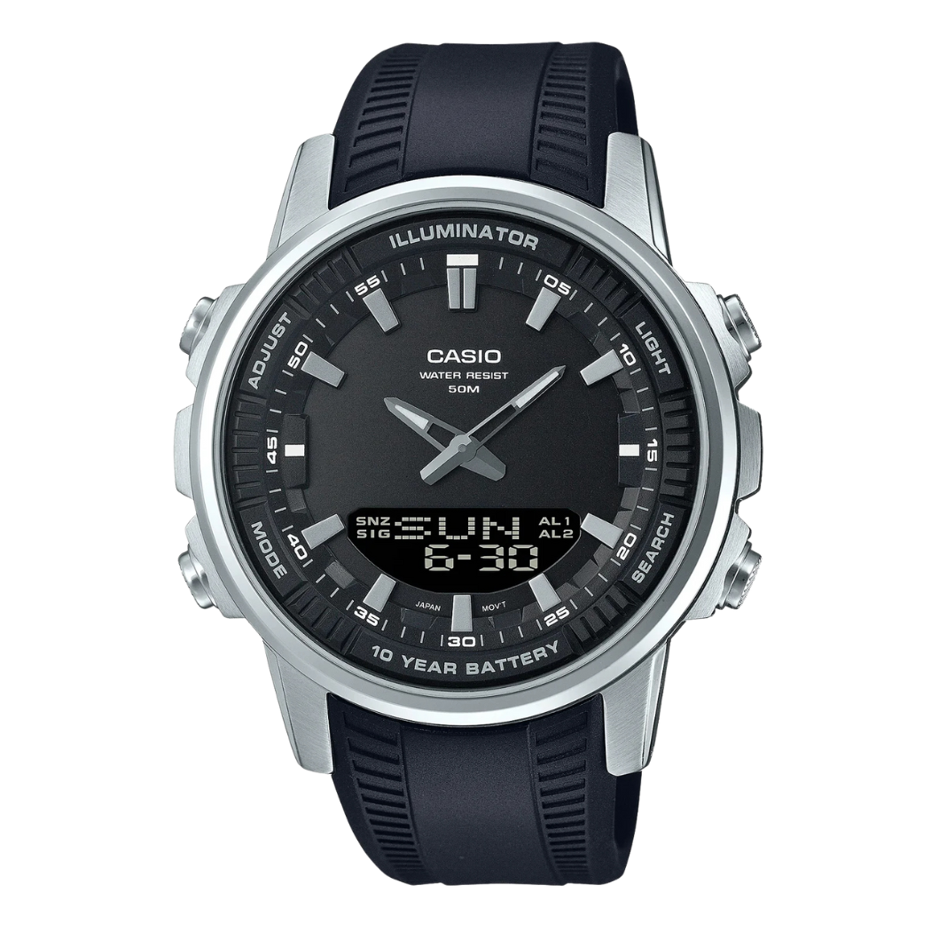 ساعة كاسيو كوارتز رجالية بسوار سيليكون أسود ومينا أسود - CASIO AMW-870DA-2A1VDF
