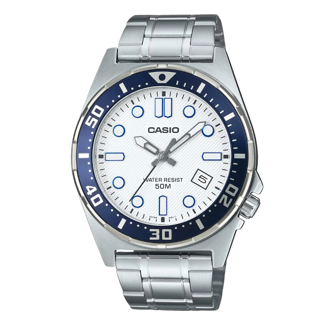 ساعة كاسيو كوارتز فضية اللون من الفولاذ المقاوم للصدأ، مينا أبيض، للرجال - CASIO MDV-107D-8AVDF