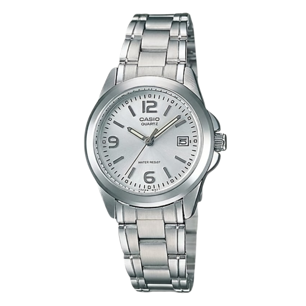 ساعة كاسيو فضية اللون من الفولاذ المقاوم للصدأ، مينا فضي، كوارتز، للنساء - CASIO MTP-B185D-2A1VDF