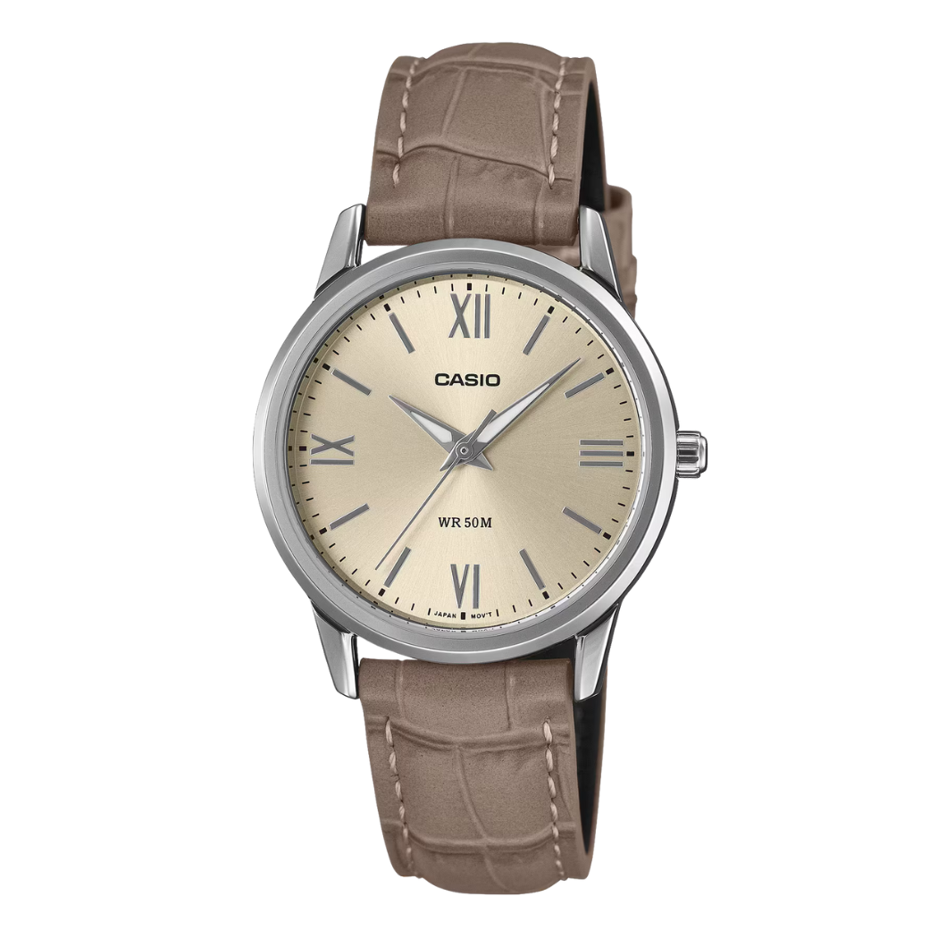 ساعة كاسيو النسائية ذات سوار جلدي بني ومينا جلدي وحركة كوارتز - CASIO LTP-1303DD-4AVDF
