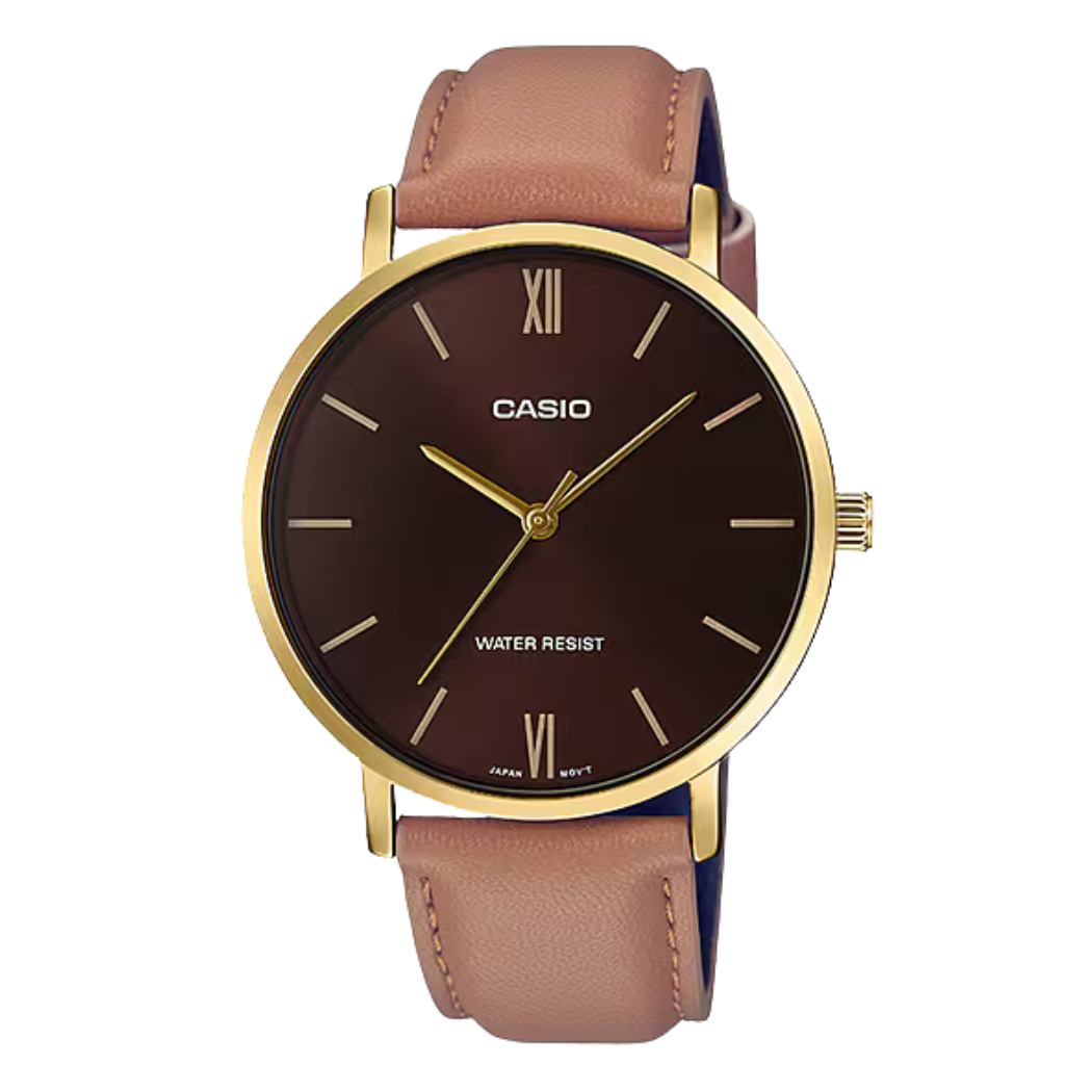 ساعة كاسيو رجالية كوارتز بسوار جلدي بني ومينا بني - CASIO MTP-VD03L-5AUDF