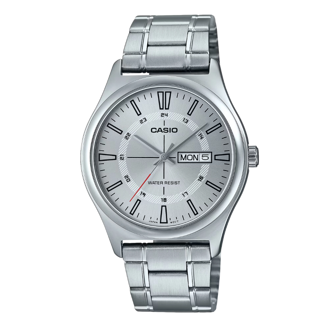 ساعة كاسيو فضية اللون من الفولاذ المقاوم للصدأ، مينا فضي، كوارتز، للرجال - CASIO MTP-V004D-7CUDF