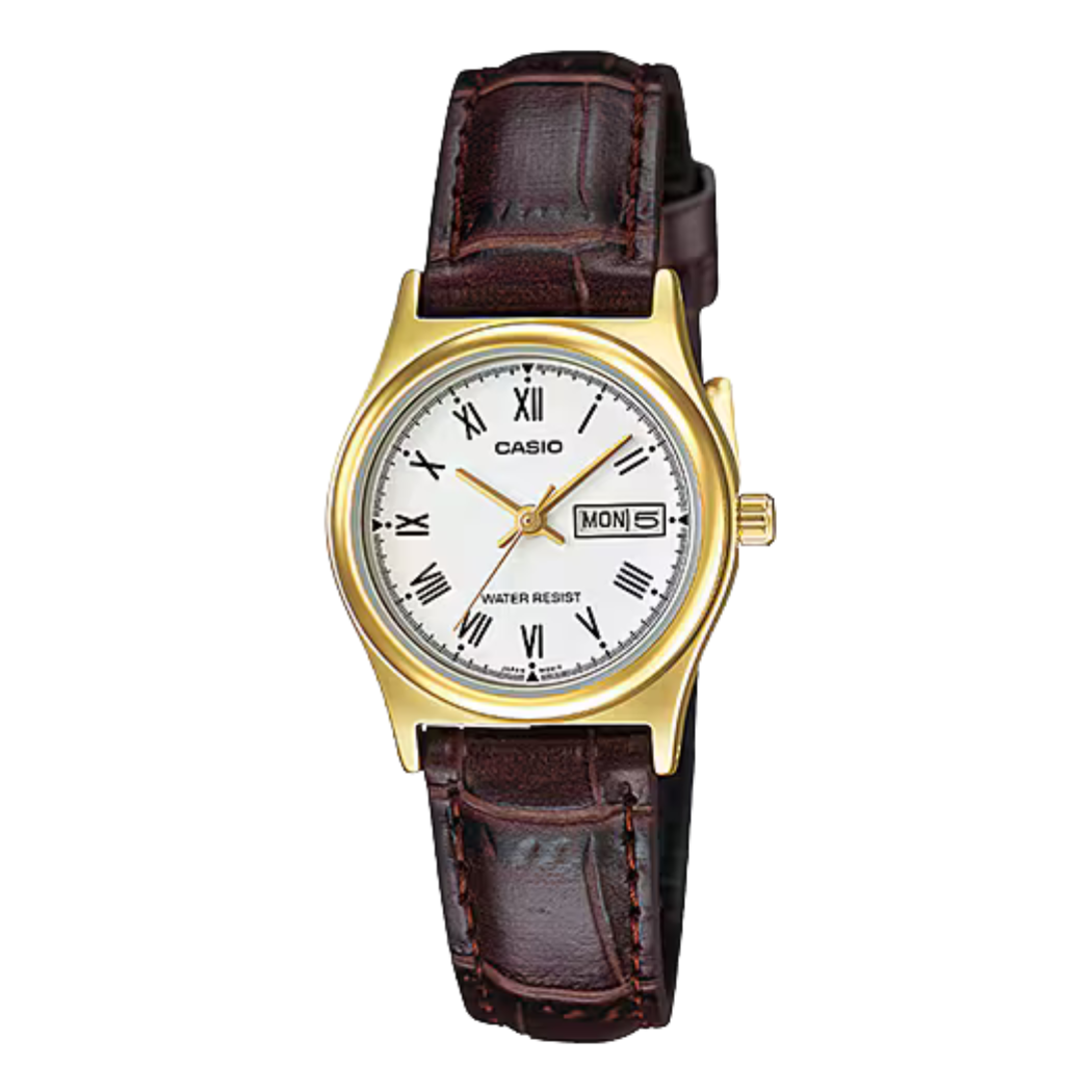 ساعة كاسيو النسائية ذات سوار جلدي بني ومينا أبيض وحركة كوارتز - CASIO MTP-V006D-7CUDF
