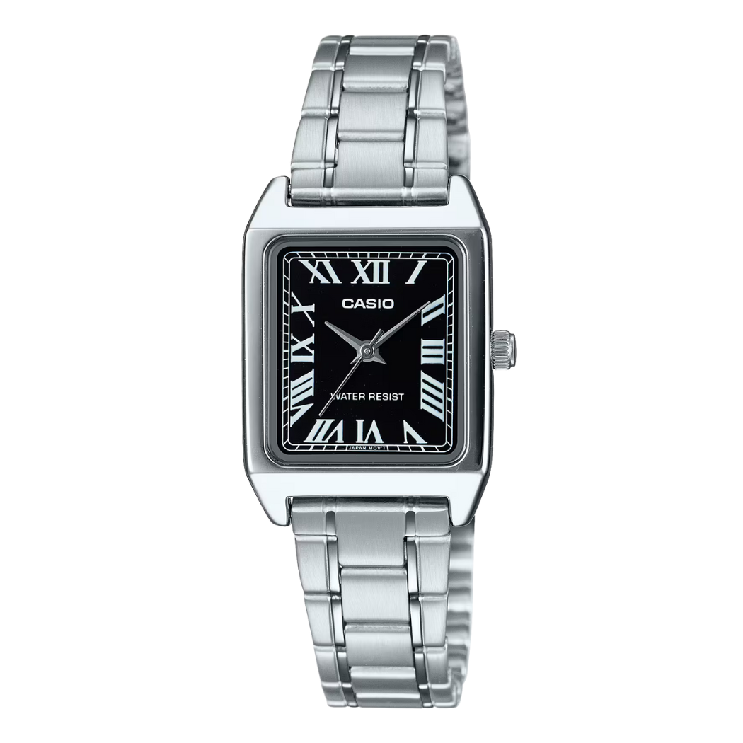 ساعة كاسيو فضية اللون من الفولاذ المقاوم للصدأ، مينا أسود، كوارتز، للنساء - CASIO LTP-V006GL-7BUDF (AG)