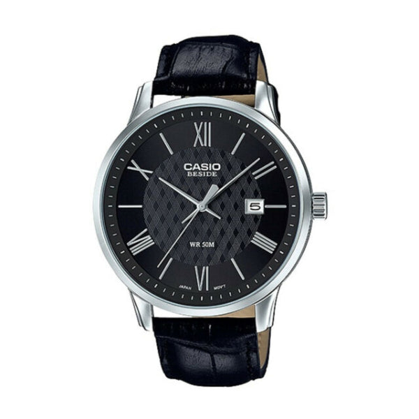 ساعة كاسيو بيسايد للرجال، سوار جلدي أسود، مينا فضي، كوارتز - CASIO BEM-154L-1AVDF