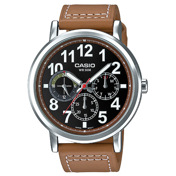 ساعة كاسيو إنتيسر للرجال، سوار جلدي أسود، مينا أسود، كوارتز - CASIO MTP-E309L-5AVDF