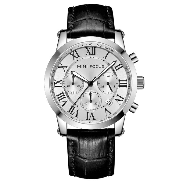 Mini Focus Black Leather Strap Silver Dial Chronograph Quartz Watch for Gents - MF0415G-01