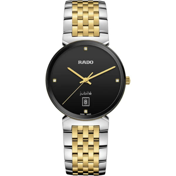 ساعة رادو فلورنس دايموندز ثنائية اللون من الفولاذ المقاوم للصدأ، مينا أسود، كوارتز، للجنسين - R48912703