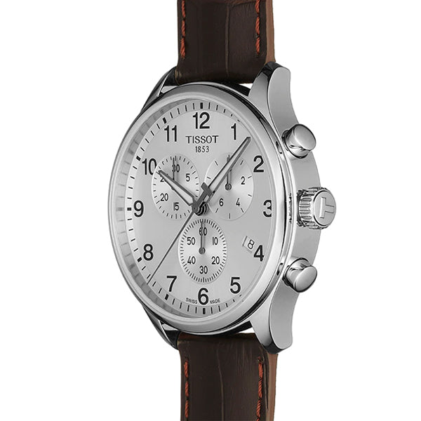 ساعة تيسو كرونو XL كلاسيك للرجال، بسوار جلدي بني ومينا فضي، كرونوغراف كوارتز - T-1166171603700