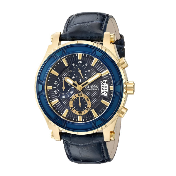 ساعة Guess Pinnacle كرونوغراف كوارتز للرجال، بسوار جلدي أزرق ومينا أزرق - W0673G2