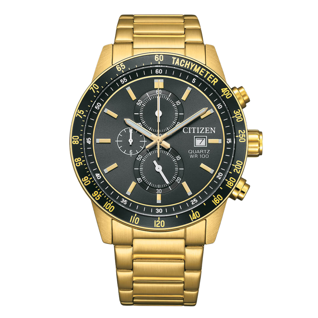 ساعة سيتيزن للرجال، مطلية بالذهب، بسوار من الفولاذ المقاوم للصدأ، وساعة كرونوغراف كوارتز تناظرية سوداء – AN3682-54E