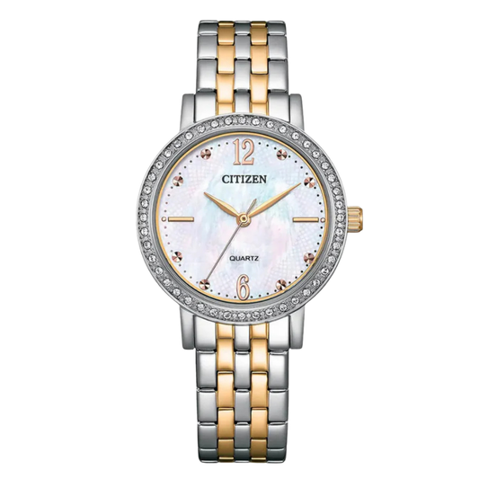 ساعة سيتيزن كوارتز نسائية ثنائية اللون من الفولاذ المقاوم للصدأ مع مينا من عرق اللؤلؤ - EL3106-59D