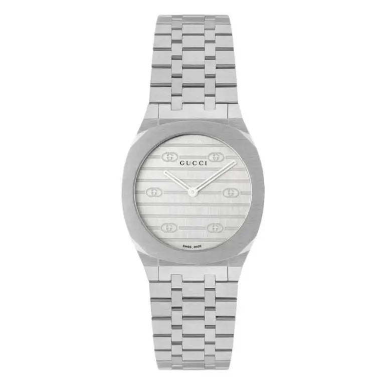 Gucci Women’s Swiss Made Quartz Silver Stainless Steel Silver Dial 30mm Watch YA163501
