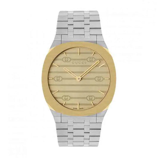Gucci Men’s Swiss Made Quartz Silver Stainless Steel Champagne Dial 38mm Watch YA163405
