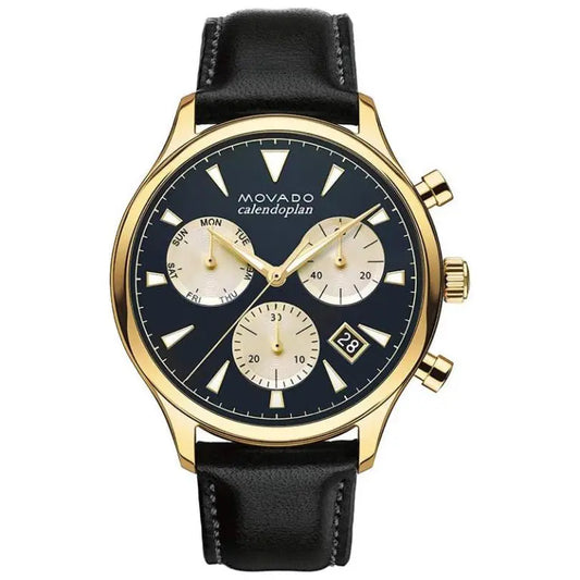 Movado Men’s Swiss Made Quartz Black Leather Strap Navy Blue Dial 43mm Watch 3650006