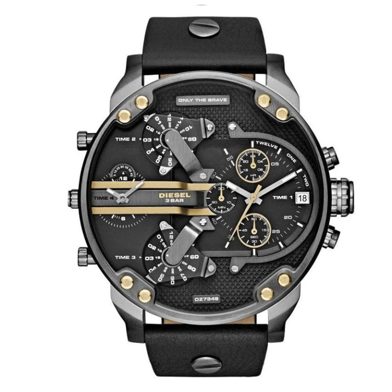 Diesel Men’s Quartz Black Leather Strap Black Dial 57mm (Four Time zone) Watch DZ7348