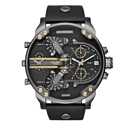 Diesel Men’s Quartz Black Leather Strap Black Dial 57mm (Four Time zone) Watch DZ7348