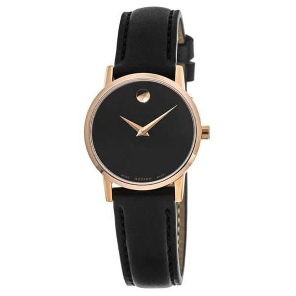 Movado Women’s Swiss Made Quartz Leather Strap Black Dial 28mm Watch 0607276