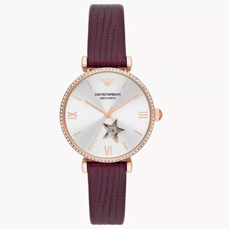 Emporio Armani Women’s Automatic Burgundy Leather Strap Silver Dial 34mm Watch AR60044