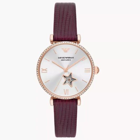 Emporio Armani Women’s Automatic Burgundy Leather Strap Silver Dial 34mm Watch AR60044