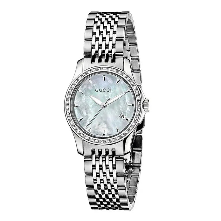 Gucci Women’s Swiss Made Quartz Silver Stainless Steel White Mother of Pearl Dial 27mm Watch YA126506