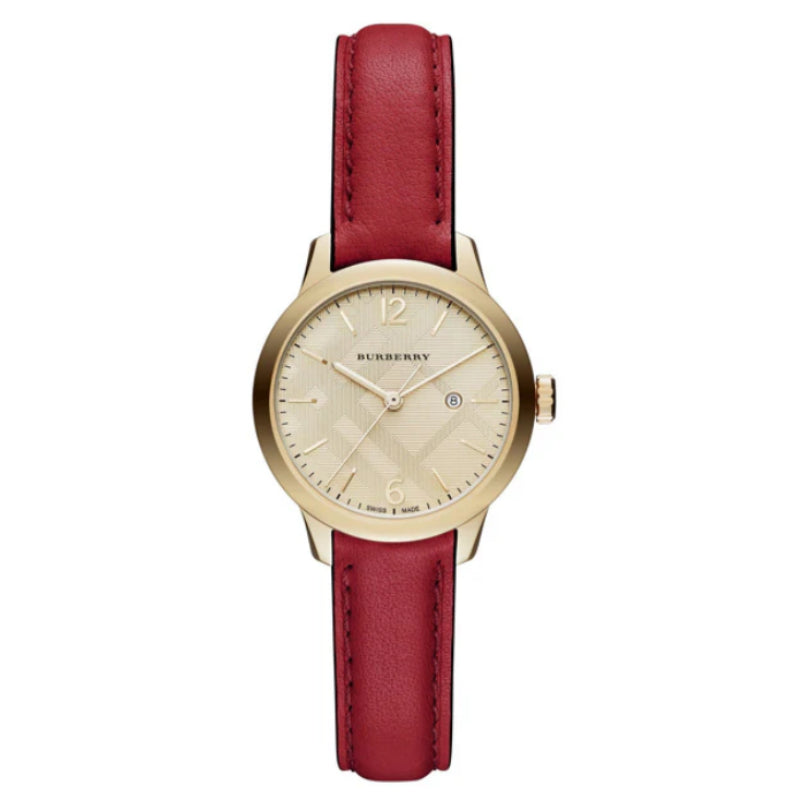 Burberry Women’s Swiss Made Quartz Red Leather Strap Gold Dial 32mm Watch BU10102