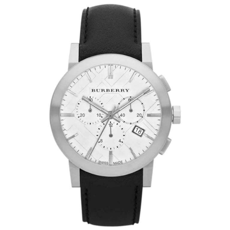 Burberry Men’s Swiss Made Quartz Black Leather Strap Silver Dial 42mm Watch BU9355