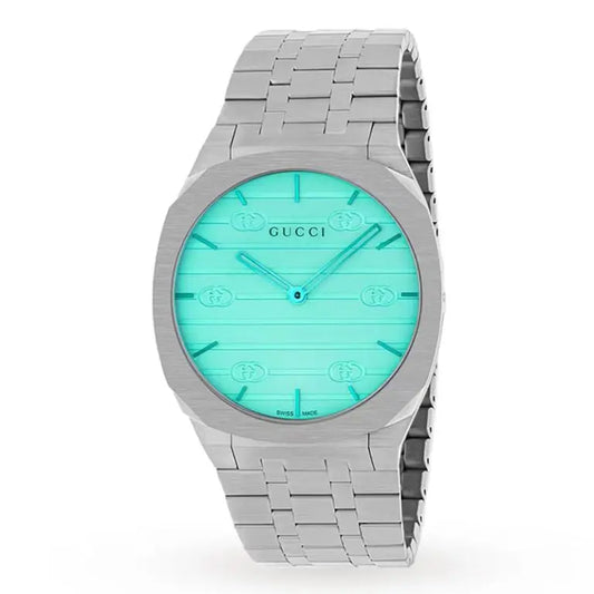 Gucci Unisex Swiss Made Quartz Silver Stainless Steel White Dial-Ocean Blue Glass 38mm Watch YA163409