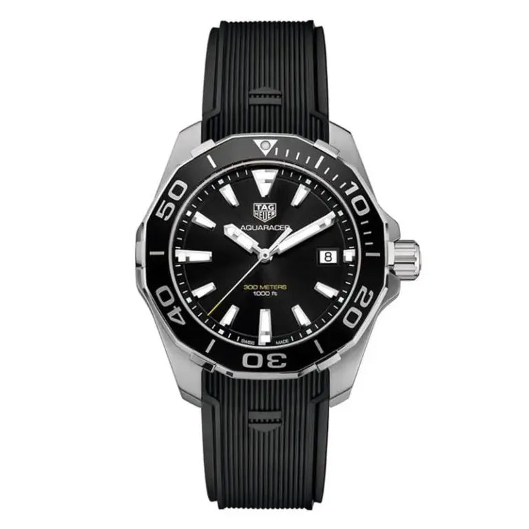 Tag Heuer Aquaracer Men’s Quartz Swiss Made Black Silicone Strap Black Dial 41mm Watch WAY111A.FT6151