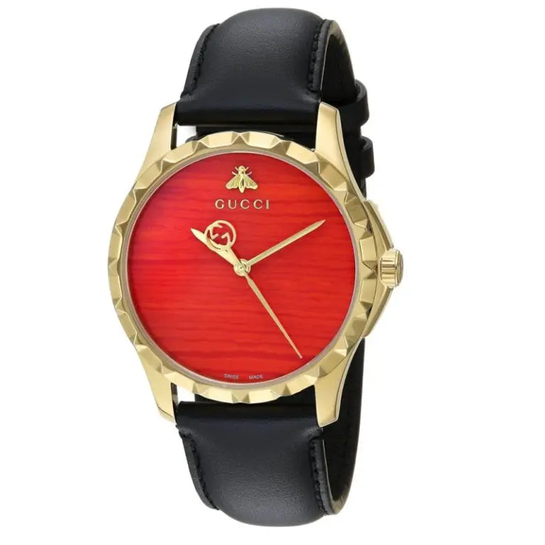 Gucci Women’s Quartz Swiss Made Black Leather Red Dial 38mm Watch YA126464