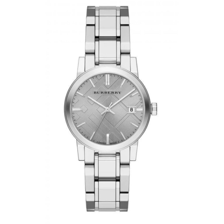 Burberry Women’s Swiss Made Quartz Silver Stainless Steel Grey Check Stamped Dial 34mm Watch BU9143