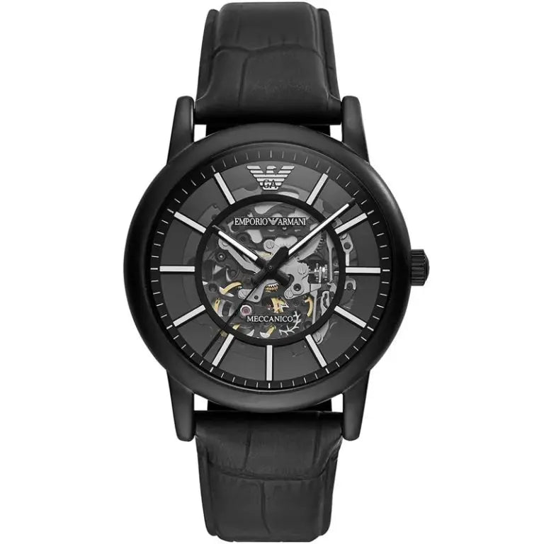 Emporio Armani Men’s Automatic Black Leather Strap Black Dial 43mm Watch AR60008