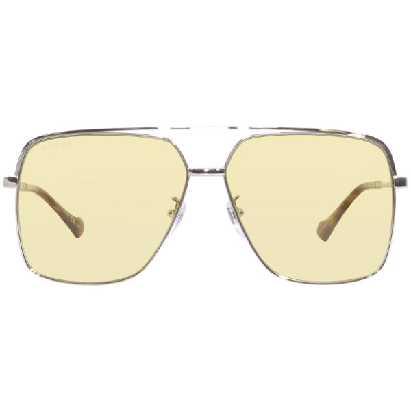 نظارات شمسية غوتشي GG1099SA 004 بتصميم آسيوي - إطار معدني فضي / عدسات نايلون صفراء بنية - 61 مم