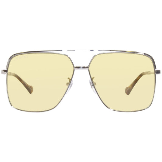 نظارات شمسية غوتشي GG1099SA 004 بتصميم آسيوي - إطار معدني فضي / عدسات نايلون صفراء بنية - 61 مم